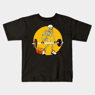 Skeleton Weight lifting Pumpkin Funny Halloween Kids T-Shirt